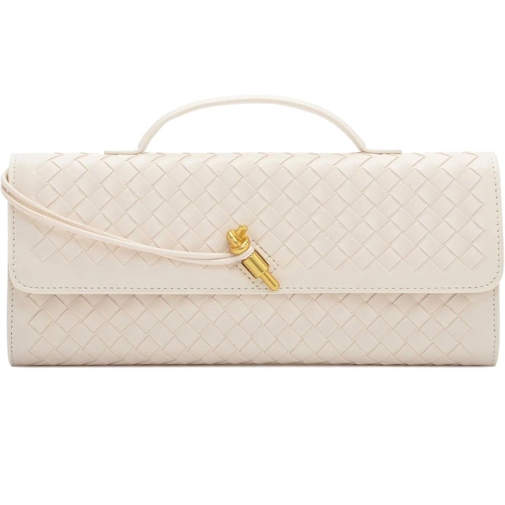 Silver Woven Leather Clutch with Gold Turnlock - Picture 3 of 8